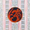 The Double Happiness is a Peace of Mind art print showcases a circular symbol similar to the Om sign in red and orange, centered on a background with vertical pink stripes and detailed blue and white patterns.