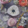 Reverie Series #9 Tangerine showcases a vibrant floral art print with an arrangement of white, pink, and red flowers, green leaves, and small yellow buds on a soft textured gray background.