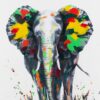 The Walking on Shards - African Elephant art print features an abstract, vibrant depiction of an elephant with brightly painted ears in yellow, green, red, and orange against a white background.