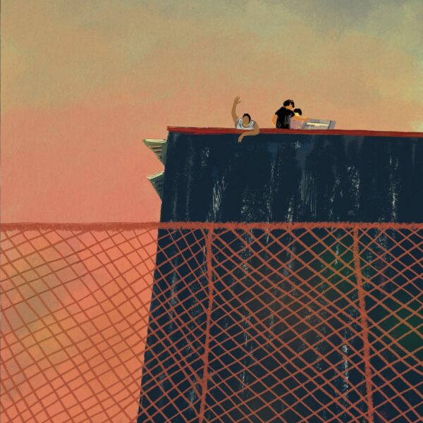 The art print Hello from the Rooftop depicts two people on a rooftop against an orange sky, with one waving cheerfully and the other reading a newspaper, framed by a striking red mesh fence in the foreground.