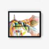 The 2Playground abstract watercolor art features vibrant orange, green, and blue splashes. Curved and angular shapes blend seamlessly with fluid black outlines, creating a dynamic composition.