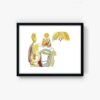 The 2Monk art print is an abstract watercolor featuring earthy tones, two humanoid figures near a table, and a curved rainbow shape above. Its fluid, dreamlike quality is highlighted by soft, blended colors.