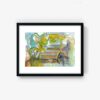 The art print Baby and horse features an abstract watercolor painting with a mask-like face on the left and a horse on the right, set against a background of blurred shapes and earthy tones to create a natural or dreamlike atmosphere.