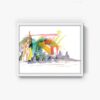Playground, an abstract watercolor art print, showcases vibrant reds, blues, greens, and yellows. Dynamic shapes suggest movement and energy against a hazy backdrop.