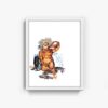 The watercolor art print Bacchus features a cherubic figure with curly hair sipping from a large jug, surrounded by leaves and a wooden barrel against a white background.