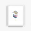 The Bird watercolor art print features a detailed birds head with its body dissolving into abstract splashes of blue, red, and gray pastels on a white background.
