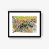 The Landscape_P print showcases abstract watercolor art in earthy green, brown, and blue tones. Fluid shapes resembling hills or rocks appear against a light background, with dynamic brushstrokes conveying movement.