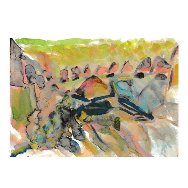 The Landscape_P print showcases abstract watercolor art in earthy green, brown, and blue tones. Fluid shapes resembling hills or rocks appear against a light background, with dynamic brushstrokes conveying movement.