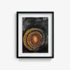 The art print Light features an abstract painting with a sun-like central shape. Vibrant rings of red, yellow, orange, and black radiate from the glowing yellow core against a dark, textured backdrop.