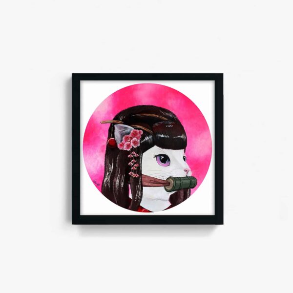 The Miss Bean framed art print features a cat with black fur and a bamboo gag, showcasing purple eyes and a pink flower hairpin, set against a vivid pink circular backdrop.