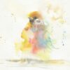Art print titled The King, a watercolor painting featuring a bird with splashes of yellow, orange, pink, and blue. The abstract bird has blurred edges that seamlessly blend into the soft white background.