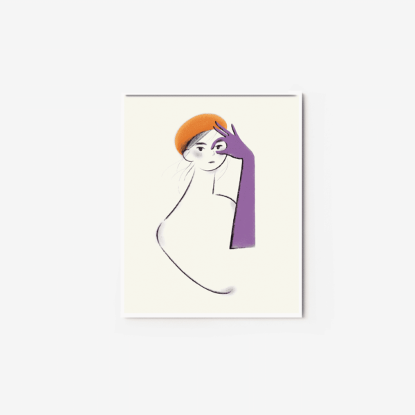 Minimalist illustration titled Purple features a person with an orange beret and purple arm, gazing forward, with one hand near their face against a plain white background.