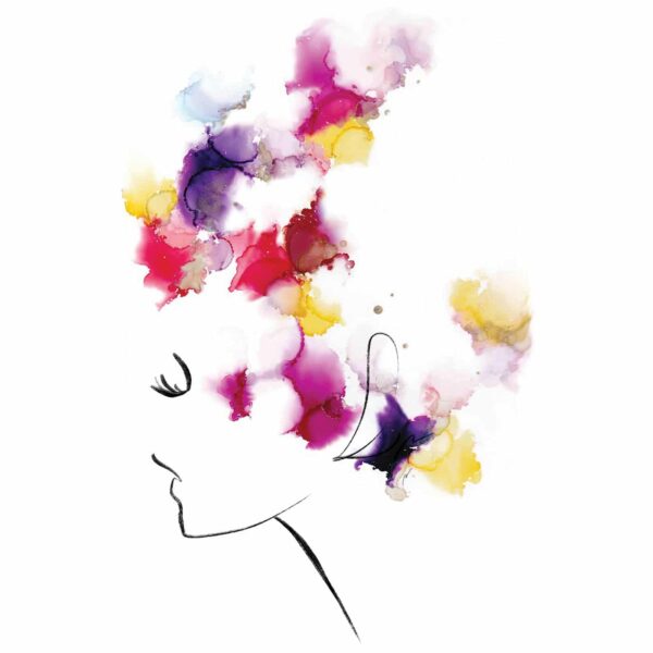 The Élégance art print features a womans profile silhouette adorned with vibrant watercolor splashes in pink, purple, yellow, and red. It creatively resembles hair or thoughts, delivering an imaginative burst against a pristine white background.