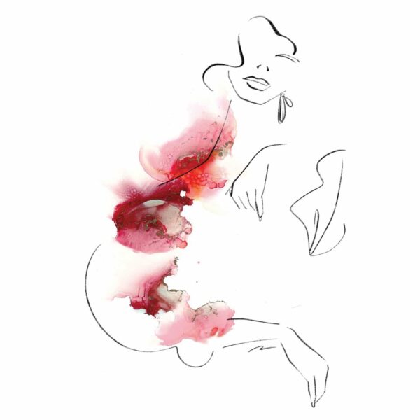 The Grace art print features an abstract line drawing of a woman with vibrant watercolor splashes in pink, red, and brown around the torso. The artwork captures a dynamic and elegant expression using minimalistic lines.
