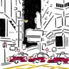 Kowloon Lights is a stylized art print illustrating a city street where red taxis line up at a traffic light amidst surrounding buildings and road signs. The sketchy, minimalist style emphasizes the taxis and urban landscape.