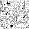 In the Human Only Im Sorry art print, cartoon animals and visitors bring a zoo to life. It features a panda, elephant, lion, and monkey amidst trees and joyful zoo signs as guests take photos and explore.