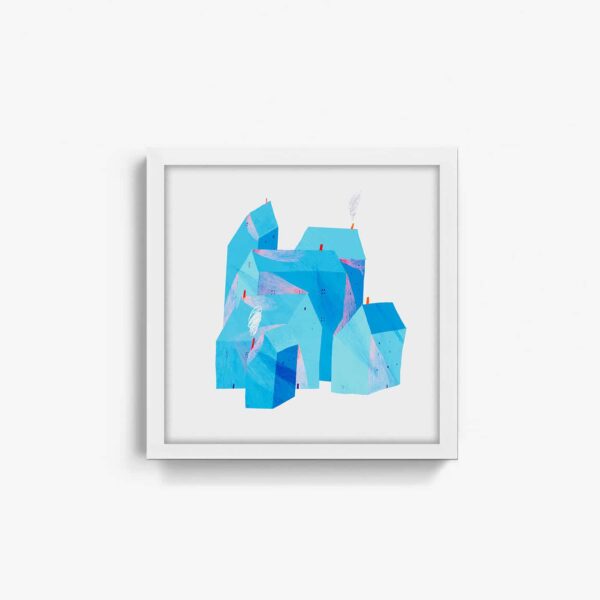 The framed art print Village features a cluster of geometric blue houses with red chimneys on a white background. Some chimneys emit wisps of smoke, creating dynamic movement. The simple white frame complements the artwork perfectly.