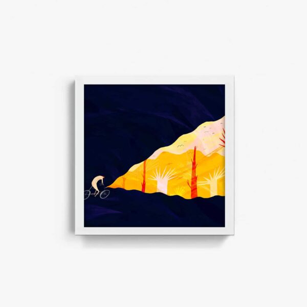 The Cyclist art print shows a person biking toward a vibrant landscape, contrasting dark blue surroundings with bright yellow-orange hues. Abstract trees and mountains fill the scene, all set against a white background.