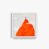 The Red Mountain art print features a person on a vibrant orange mountain peak set against a pale, abstract sky, boasting bold colors and minimalistic design.