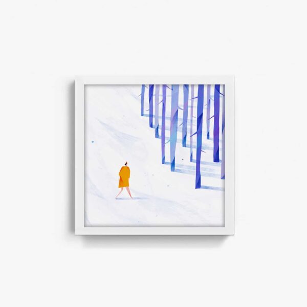 The Strolling art print depicts a person in an orange coat walking through snowy scenery, featuring tall, thin blue trees on the right. The predominantly white background has scattered blue accents and is framed in a crisp white square.