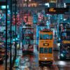 The dynamic street scene of Hong Kong Tramways at night resembles a vivid art print, with glowing neon signs reflecting on the wet road as double-decker trams and buses glide by. Pedestrians walk beneath a neon-lit restaurant sign, adding vibrant life to the cityscape.