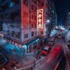 Lost in Mongkok captures a nighttime urban scene featuring a neon-lit corner building adorned with red signs. Blurred vehicle lights and busy pedestrians animate the streets, while surrounding buildings glow in blue and red, creating a lively city atmosphere.