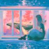 A person sits by a window watching a whale swim past during a vibrant pink and blue sunset. The scene mirrors an art print known as Two worlds, where the room and sea reflect the skys warm and cool tones, creating a serene and dreamy atmosphere.