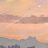 In the art print Sleep Well, City I, a paper airplane drifts through a pastel sunset sky, leaving an elegant trail, with silhouettes of distant mountains and a city skyline at the bottom.
