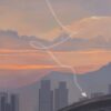 The Sleep Well, City II art print features a paper airplane with a gentle white trail over a cityscape at sunset, where towering buildings meet an orange and purple sky framed by majestic mountains.