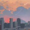 Sleep Well, City III is an art print depicting a city skyline at sunset with the sun peeking behind a mountain, silhouetting buildings against an orange and pink sky with dramatic clouds and light streaks.