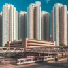 The Tin Shui Wai art print captures tall residential buildings towering over a cityscape, with a train gliding along tracks below. A pedestrian bridge crosses gracefully above the street against a clear sky dotted with clouds.