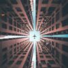 Captured in Departure, this scene offers a striking composition: a narrow alley framed by towering buildings under a clear sky, with a plane flying overhead. Perfect for an art print, it showcases symmetry and visual appeal from the ground looking upward.