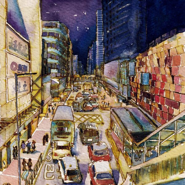The Mong Kok-Sai Yeung Choi Street South art print features a vibrant watercolor painting of a busy city street at night with tall buildings, bustling traffic, buses, and pedestrians, all illuminated by streetlights to showcase a lively urban atmosphere.