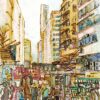 The watercolor art print Sham Shui Po - Fuk Wing Street Market illustrates a lively street market flanked by tall buildings, with vendors offering clothing and goods as people browse. The vibrant scene uses a warm color palette to capture the essence of urban life.