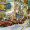 The watercolor art print, Vivid Life in Hollywood Road, captures a bustling city street corner with cars lining the road. People stroll on sidewalks, while buildings feature large murals of abstract human figures, adding vibrant colors and dynamic lines to the lively atmosphere.