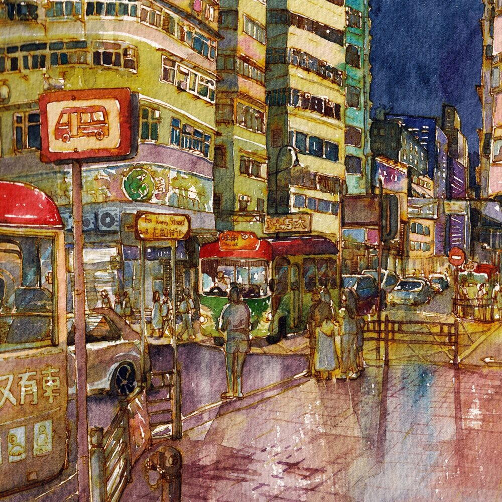 The Nightlife in Mong Kok art print depicts a vibrant city street at night. Neon signs and bus stops shimmer as people stroll, while a red bus approaches, reflecting vibrant lights off towering buildings.