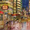 The Nightlife in Mong Kok art print depicts a vibrant city street at night. Neon signs and bus stops shimmer as people stroll, while a red bus approaches, reflecting vibrant lights off towering buildings.