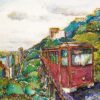 Art print titled The Peak Tram, displaying a watercolor of a red tram climbing a hilly track with lush green trees, set against a cityscape of tall buildings beneath a cloudy sky, capturing natures charm alongside urban vibrancy.