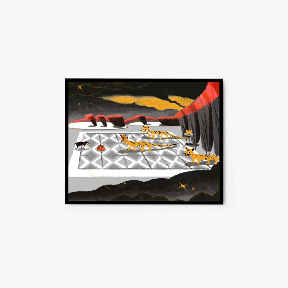 The Tiger&Cat art print depicts tigers resting on a patterned floor with a small dog nearby, surrounded by dark swirling clouds set against a red and yellow backdrop, creating a dramatic and surreal atmosphere.