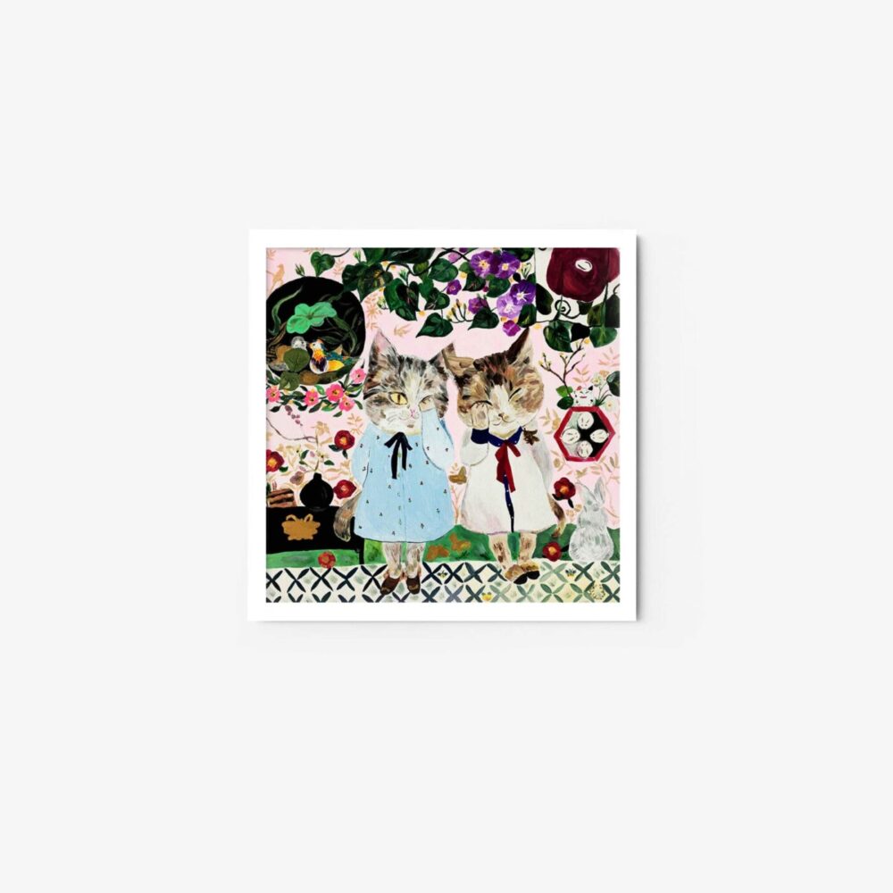 Illustration of two cats standing upright in dresses against a vibrant floral background. The Blind for Love art print captures a whimsical scene, blending elements of nature and fantasy in a playful style.