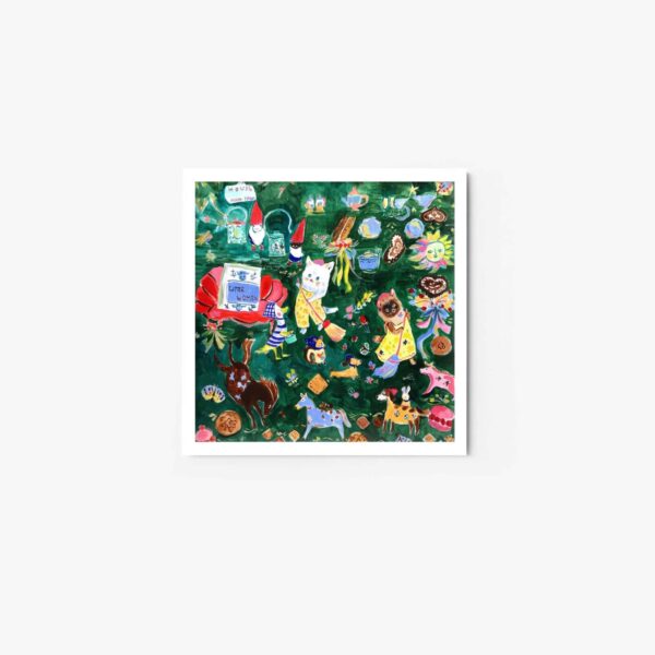 The Golden Dust art print showcases a whimsical square scene on a white wall, featuring a white cat at the center surrounded by colorful animals and playful elements against a green background.