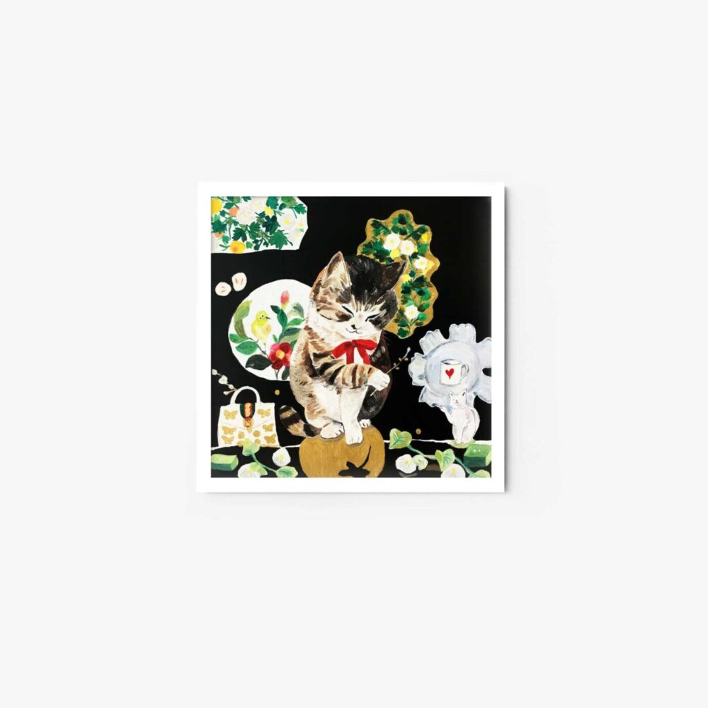 The framed art print For You features a kitten with a red bow sitting on a basket, surrounded by floral patterns and decorative plates with flowers. The dark color scheme is beautifully accented with pops of red, green, and white.
