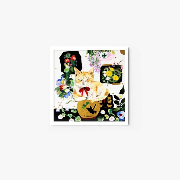 The Thinking Of You art print showcases an orange kitten with a red bow curled up in a pot. Surrounded by vibrant flowers and leaves, this lively scene is beautifully framed in white within a square frame.