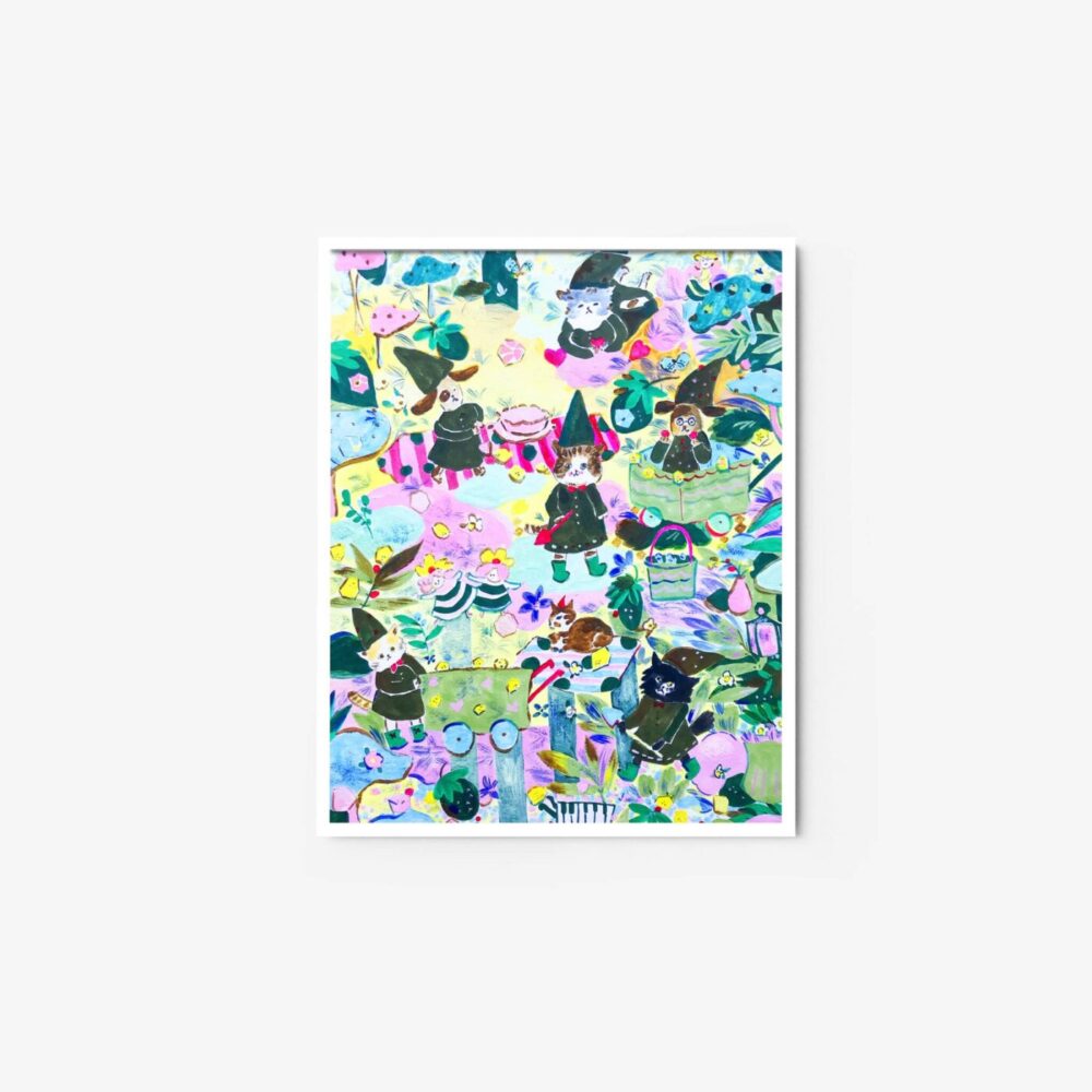 Forest Fairy is a colorful abstract art print showcasing whimsical characters, flowers, and assorted shapes in vivid green, pink, blue, and yellow. It is beautifully framed against a simple white background.