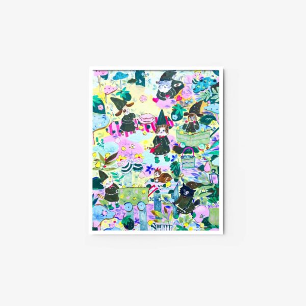Forest Fairy is a colorful abstract art print showcasing whimsical characters, flowers, and assorted shapes in vivid green, pink, blue, and yellow. It is beautifully framed against a simple white background.