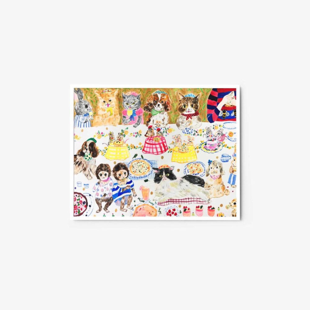 This art print, Happy Meal, features cats in patterned clothing at a festive tea party, seated around a table with colorful cakes and teacups. They gather in a cozy room with charming decorations and delicious food on the floor.