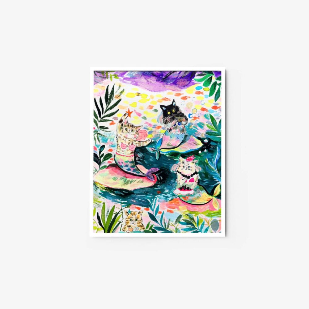 I believe in mermaid art print showcases cats as mermaids with uniquely patterned tails. Theyre surrounded by vibrant plants, bubbles, and a colorful backdrop.