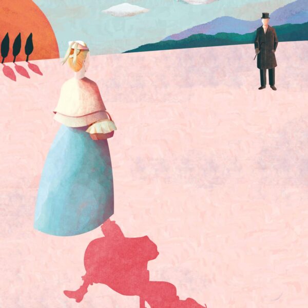 The stylized art print To Be Honest features a woman in period clothing walking towards a man in a long coat and top hat, set against a backdrop of sun, hills, and trees, with her casting an elegant shadow on the pale pink ground.