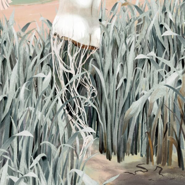 The My Mom art print features a dress with root-like extensions blending into tall grass, creating a dreamy, ethereal scene. The muted colors and soft textures interweave nature and fashion seamlessly as the roots intertwine with the grass.