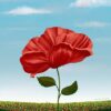 In the art print Blooming (daylight), a vibrant red poppy stands tall against a blue sky with white clouds. The intricately detailed petals and green leaves are complemented by a softly blurred field of flowers in the background.